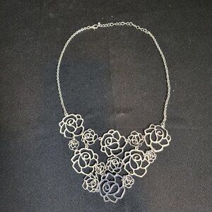 Silver Tone Laser Cut Stacked Roses Statement Necklace Costume Jewelry